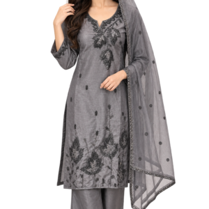 Women’s Grey Fandy Party Wear Embroidered Suit Set with Beads Work – Kurti, Trouser & Dupatta