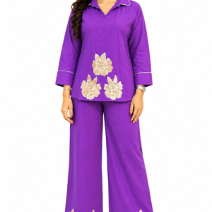 Women’s Pure Cotton Floral Leather Work Coat Set – Purple