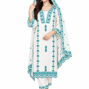 Women’s White & Blue Printed Cotton Suit Set with Dupatta