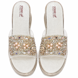 Women Mirror Work Pearl Embellished Wedge Sandals | 2 Inch Heel | Silver & Golden