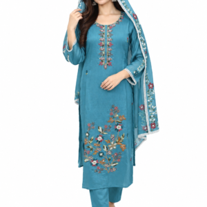 Women’s Teal Blue Embroidered Straight Kurta Pant Set with Dupatta